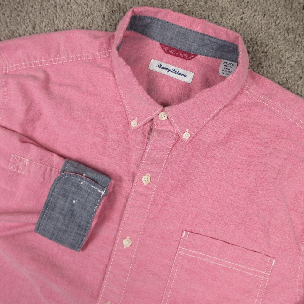 Tommy Bahama Shirt Mens XL Pink Oxford Cloth Flip Cuff Pocket Cotton Button Up